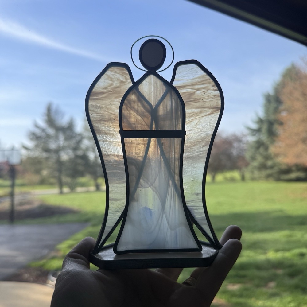 Stained Glass Angel Figurine White Swirl Art Glass Christmas Holiday Decor 6.5"
